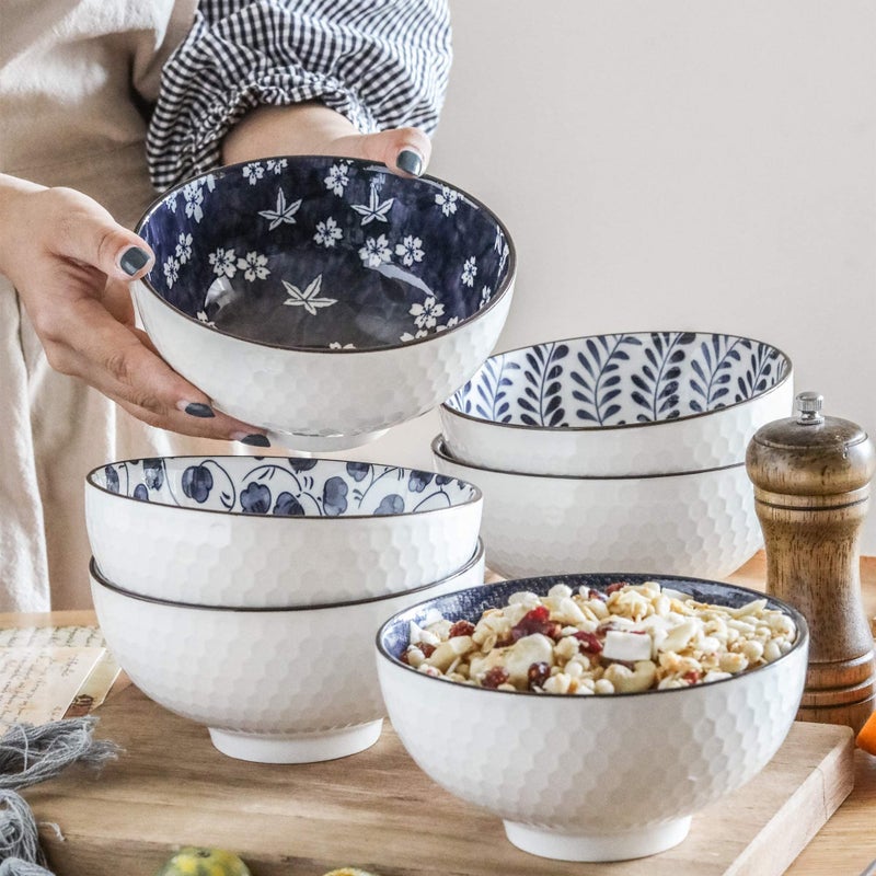 Swuut Japanese Style Ceramic Cereal Bowls,24 Ounces Salad,Soup Ramen Pho Salad Bowl Set of 6,Blue and White Floral Microwave Safe for Kitchen (6 inch) - Image 3